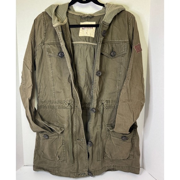 VTG‎ Hollister Utility Chore Jacket L Hood Army Green Zip Button Y2K Grunge - Picture 3 of 16